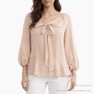 Max Studio L Blush Tie-Neck Peplum Blouse Romantic Feminine